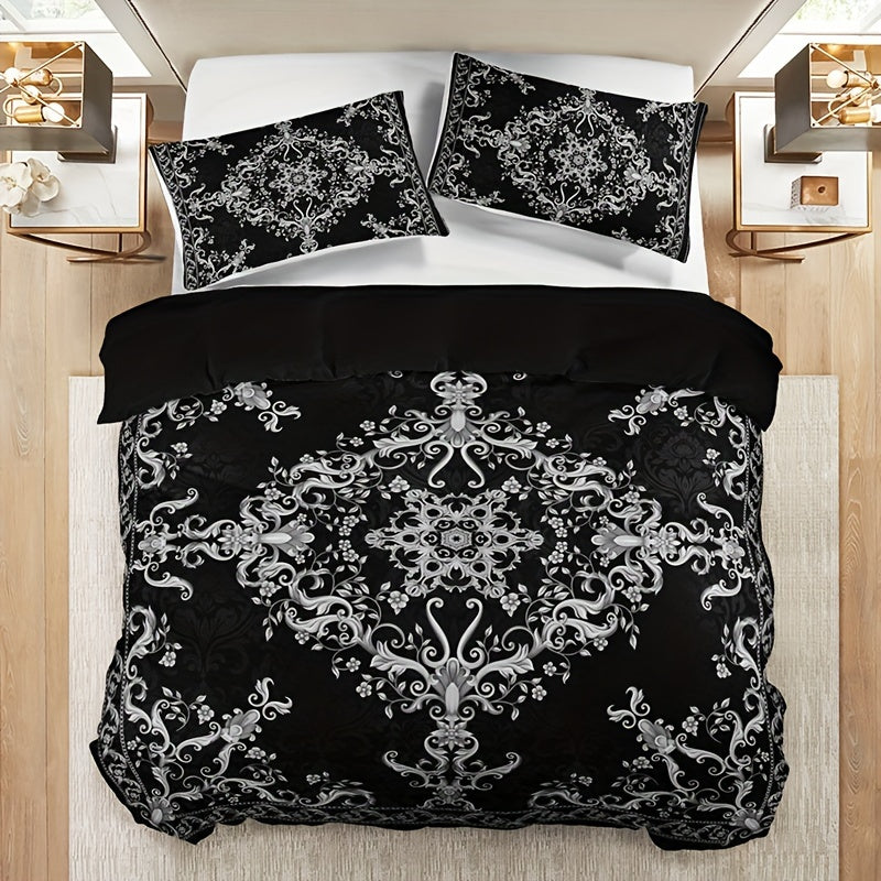 3-Piece Duvet Cover Set with Pillowcases Black and White Damask Digital Print Breathable Polyester All-Season