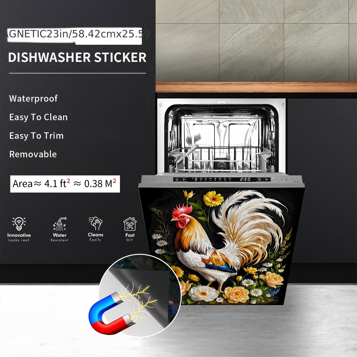 Наклейка на стену Farmhouse Kitchen Decal Rooster Floral Wreath PVC 58x66 см для холодильника и посудомоечной машины, декор