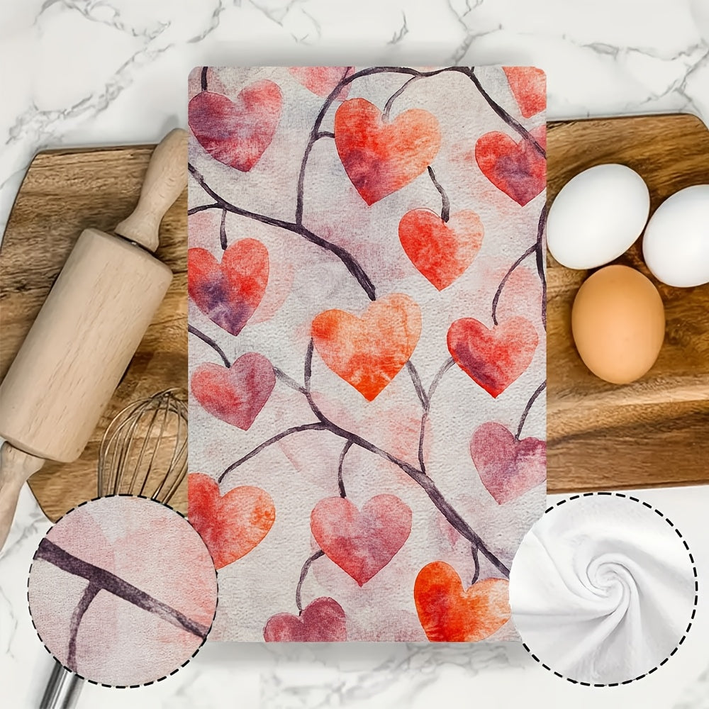 Valentine's Heart Kitchen Towels Set of 2 Soft Absorbent Dish Hand Towels Red Pink