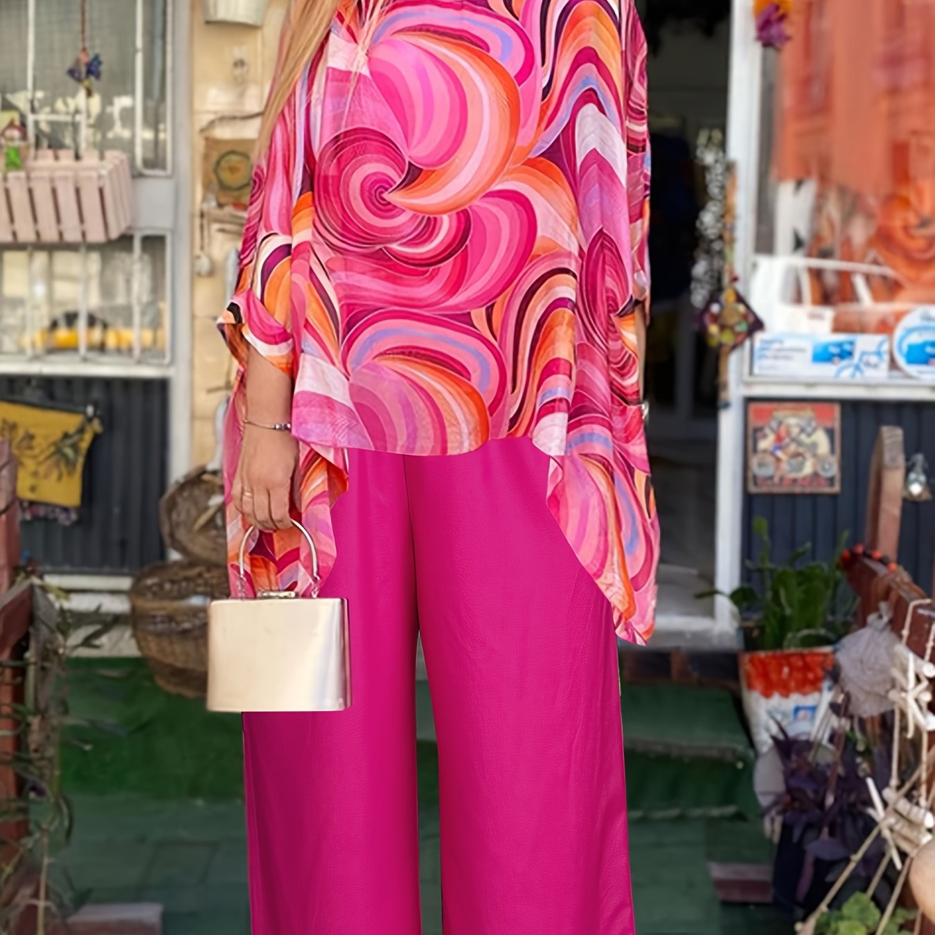 Women's Two-Piece Outfit Abstract Swirl Print Crew Neck Top Black Pants Polyester Blend Spring Summer