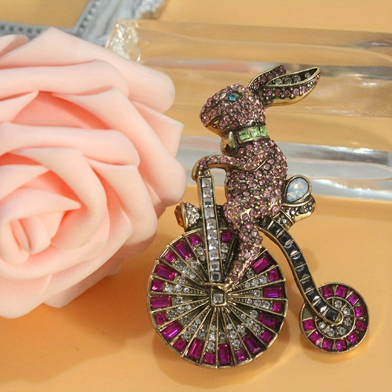 Retro Bunny Bicycle Shaped Rhinestone Brooch for Women