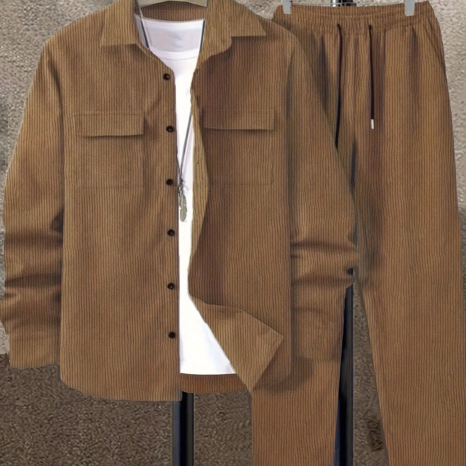 Men's Solid Color Corduroy Suit with Long Sleeve Shirt and Pants