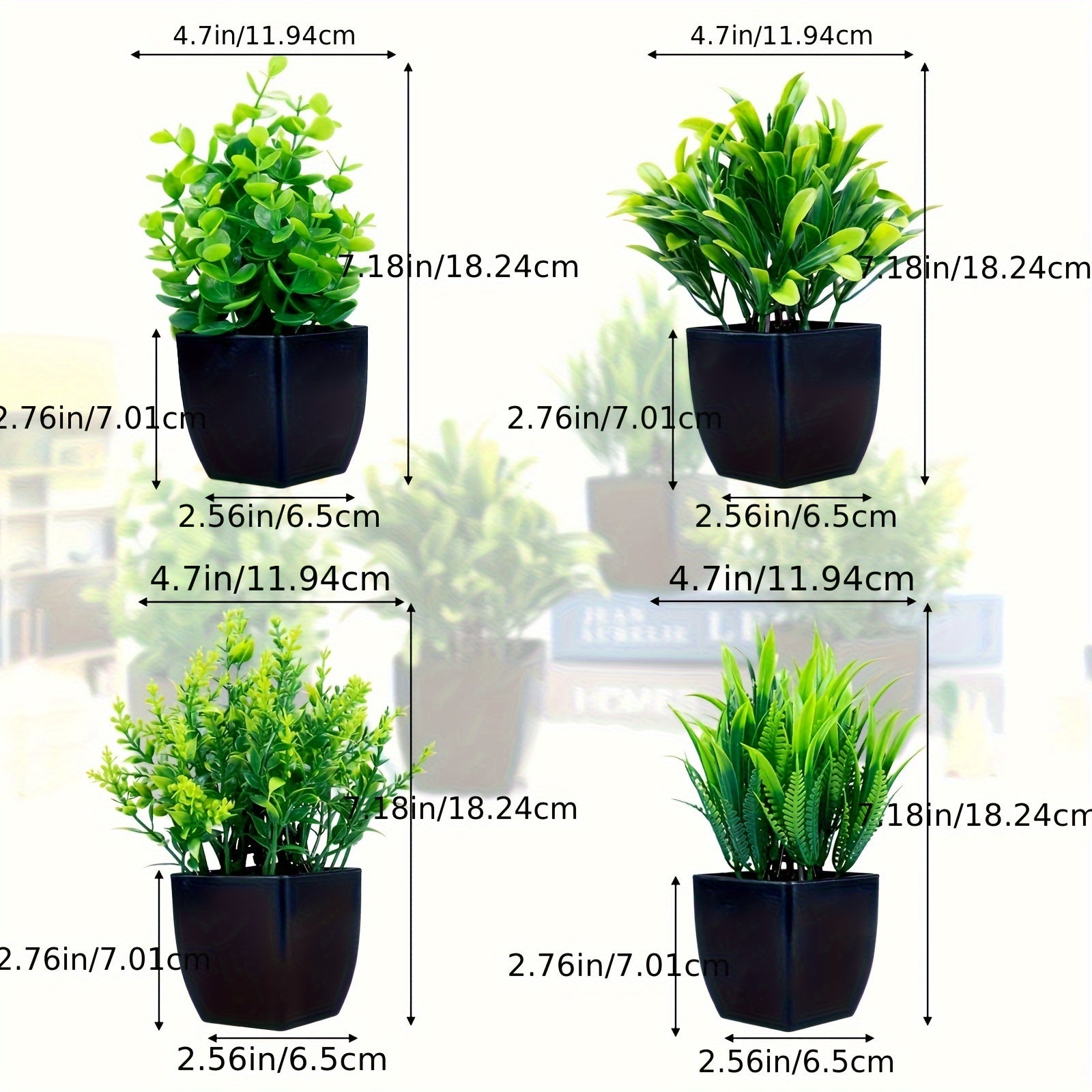 Set of 4 Small Faux Eucalyptus Plants in Black Pots for Indoor Decoration