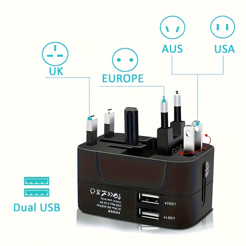 Universal Travel Adapter with Dual USB Ports for Phones and Laptops 110V 220V Worldwide Compatibility