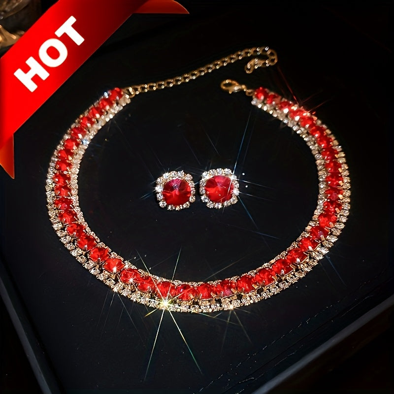 Emerald Crystal Jewelry Set for Women Necklace and Earrings Silver Plated Party Everyday