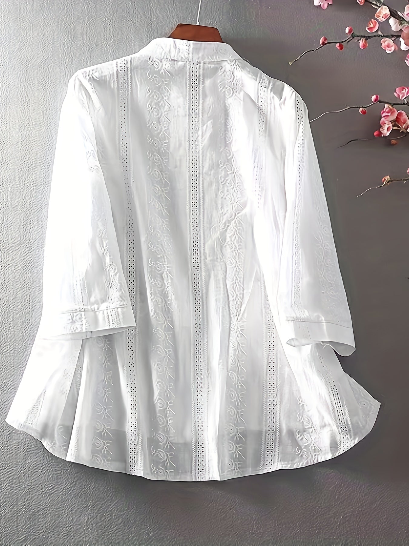 Women's Sheer White Floral Blouse with Ruffled Cuffs and Round Neck for Spring Summer