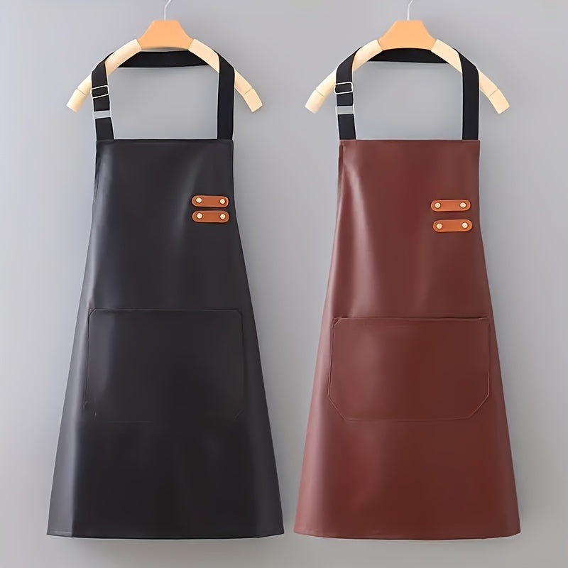 Faux Leather Polyester Apron Waterproof Oil-Proof Adjustable Neck Pocket for Cooking BBQ Barber Black Red