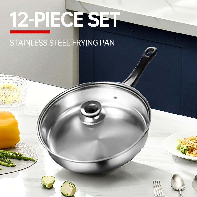 12-Piece Stainless Steel Cookware Set with Soup Pots Milk Pots and Kettle Natural Wood Grain Finish