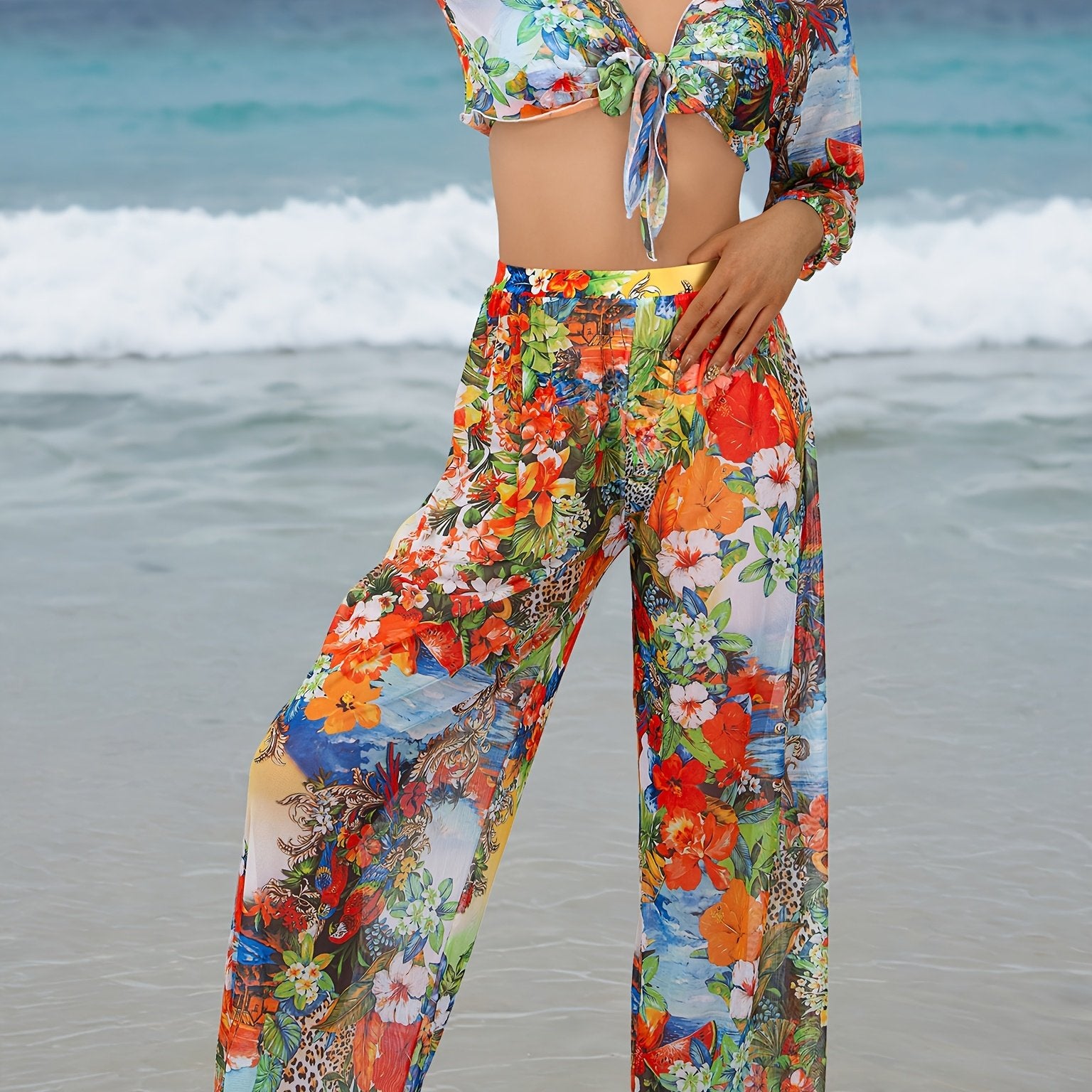 2024 Floral Printed Four-Piece Sand Swimwear High Stretch Polyester