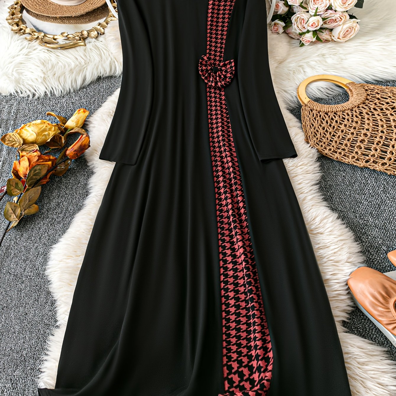 Women's Houndstooth Long Dress Black Red Asymmetrical Hem Round Neck Polyester Blend Spring Summer