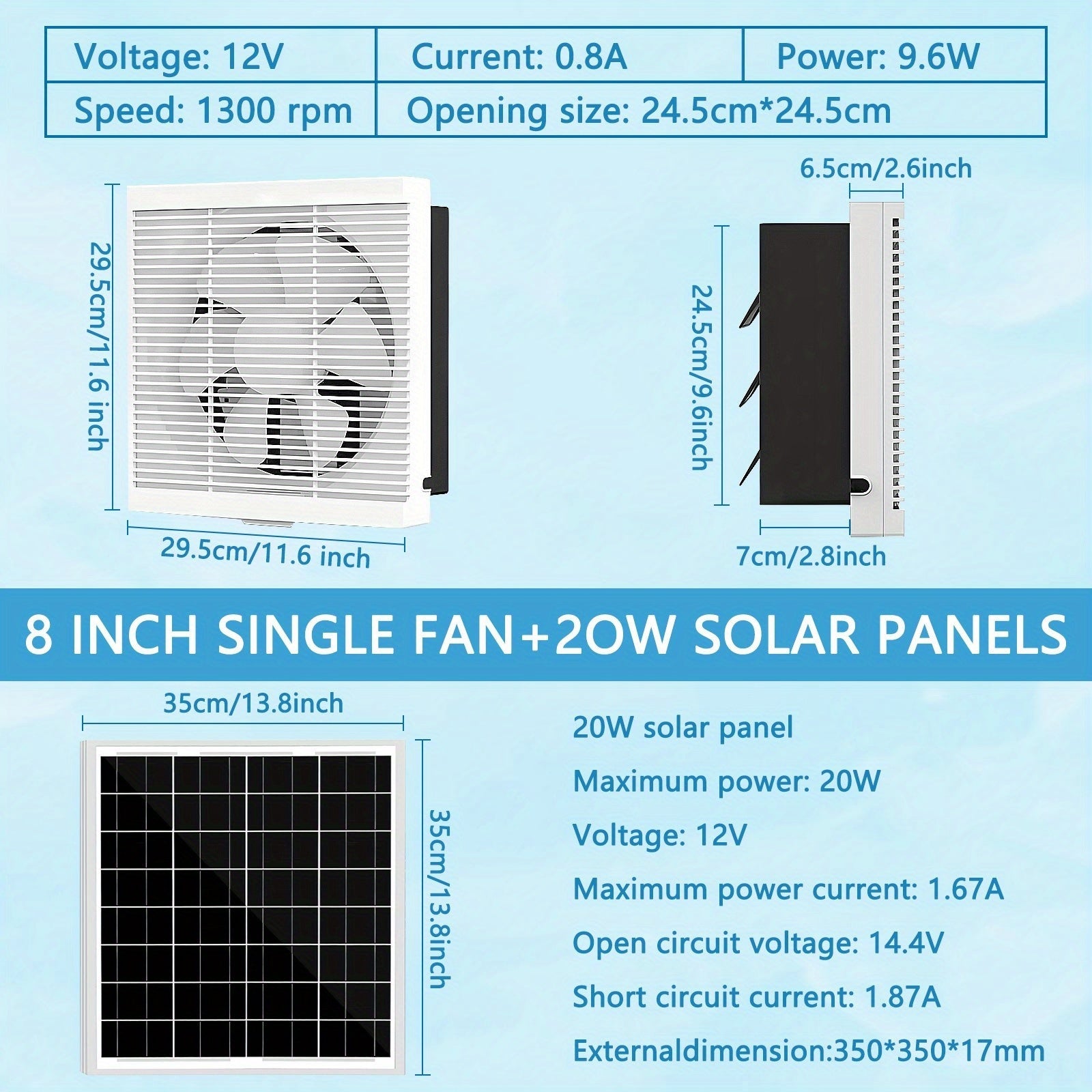 Solar Ventilation Fan 20W Wall-Mount Greenhouse Garage Pet Coop Exhaust