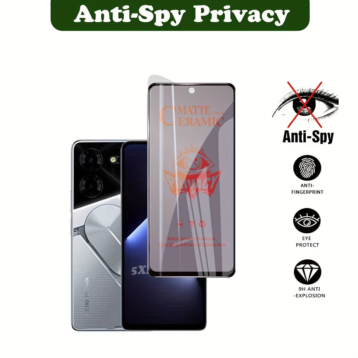 Защитное стекло с приватностью 3-в-1 для экрана и задней панели для Tecno Pova 5 Pro