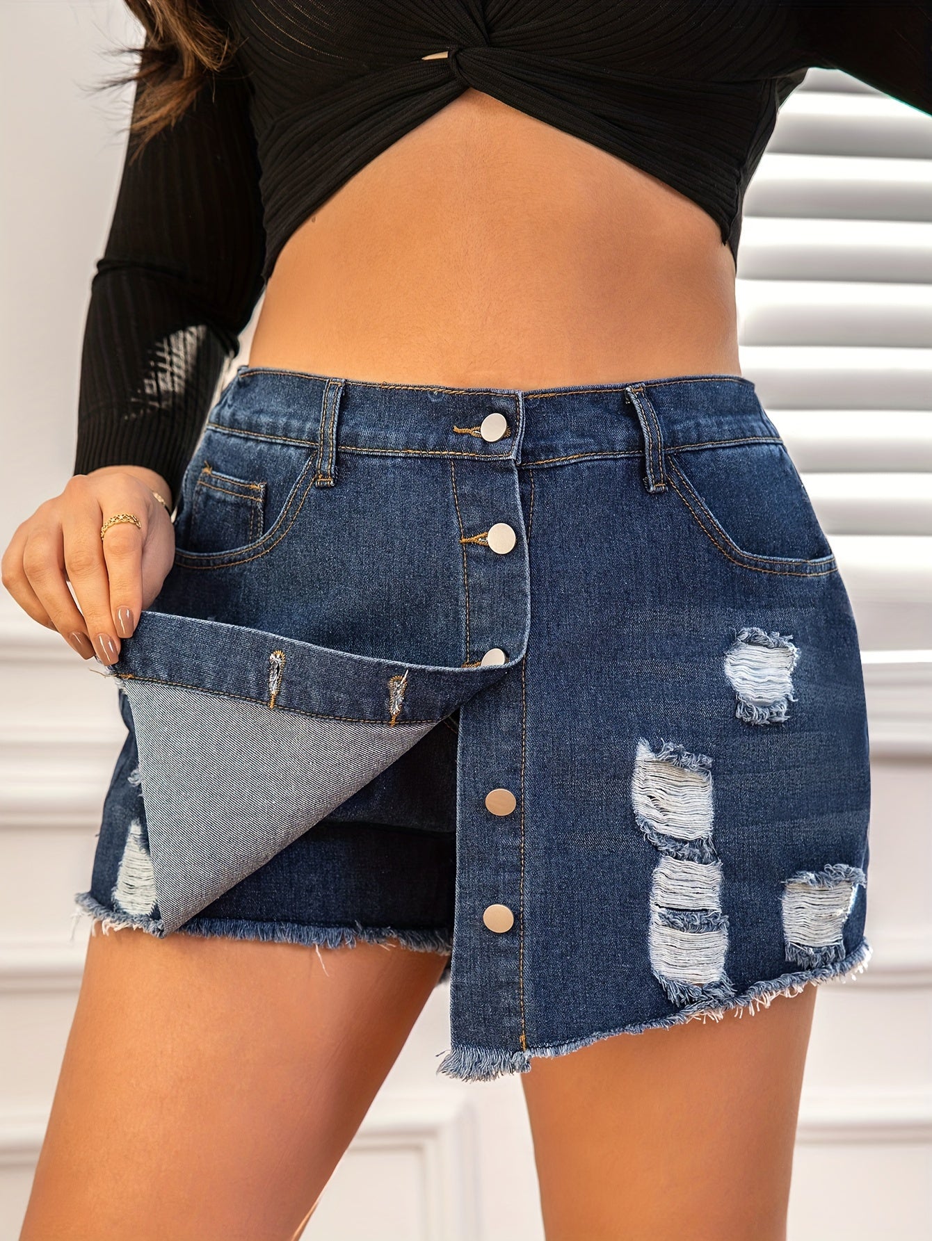 Women Plus Size Denim Culottes Asymmetrical Hem Solid Color Woven Fabric