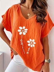 Camiseta de manga corta con escote en V y estampado para mujer talla grande