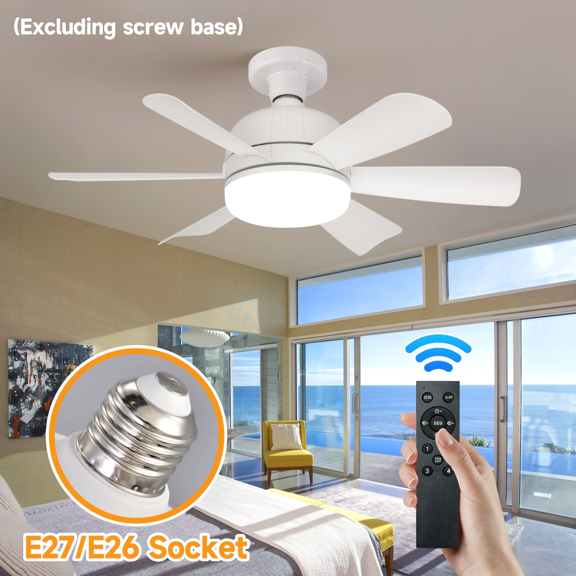 E27/E26 Small Ceiling Fan Light with 6 Blades Dimmable Quiet 4-Speed