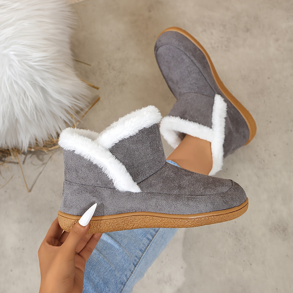 Women's Winter Plush Lined Slip-On Ankle Boots with Rubber Sole
