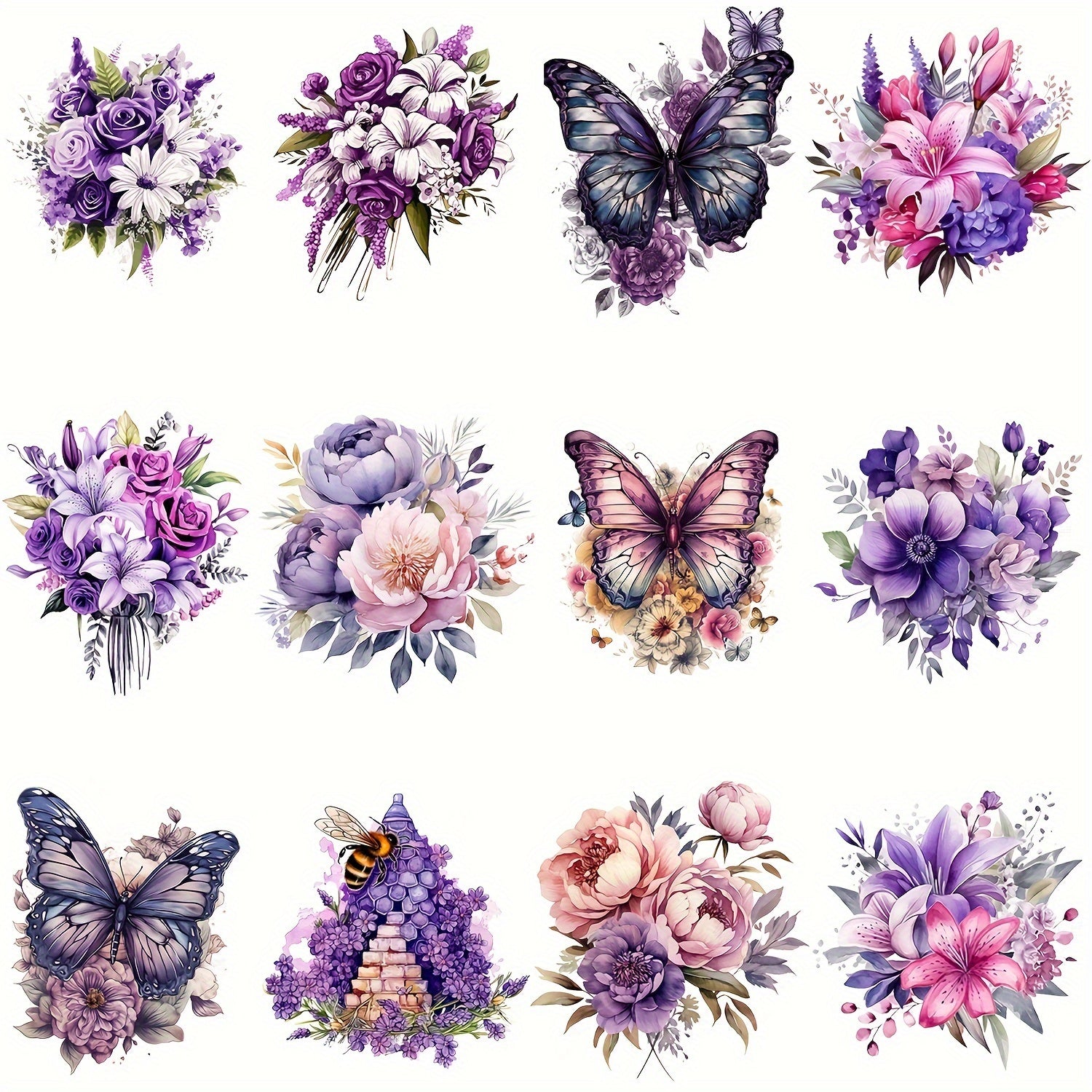 12-Piece Purple Flower and Butterfly Iron-On Transfer Stickers for Clothing and Accessories