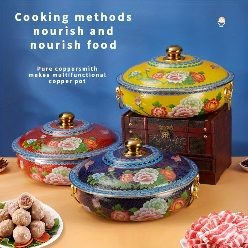 Olla de porcelana esmaltada azul y blanca de 34cm, cocedor de cobre para inducción, seguro para lavavajillas