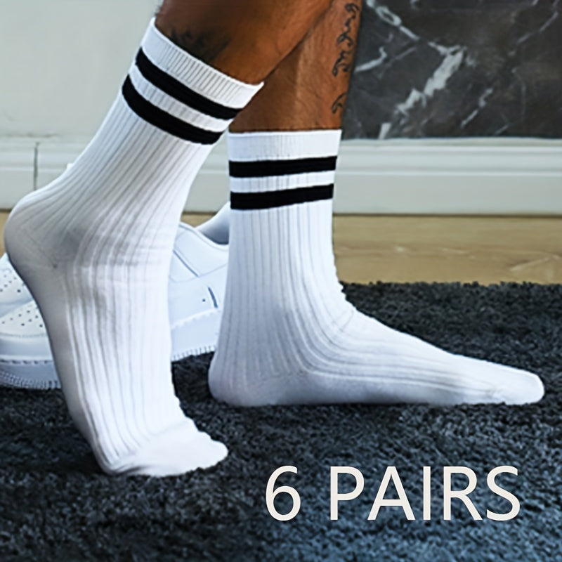 Men's Striped Crew Socks 6 Pairs Breathable Polyester Spandex All-Season