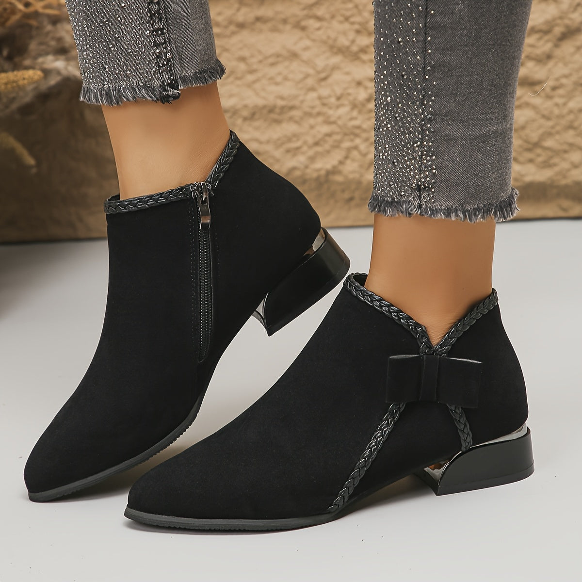 Women's Corduroy PU Ankle Boots with Bowknot and Chunky Heel