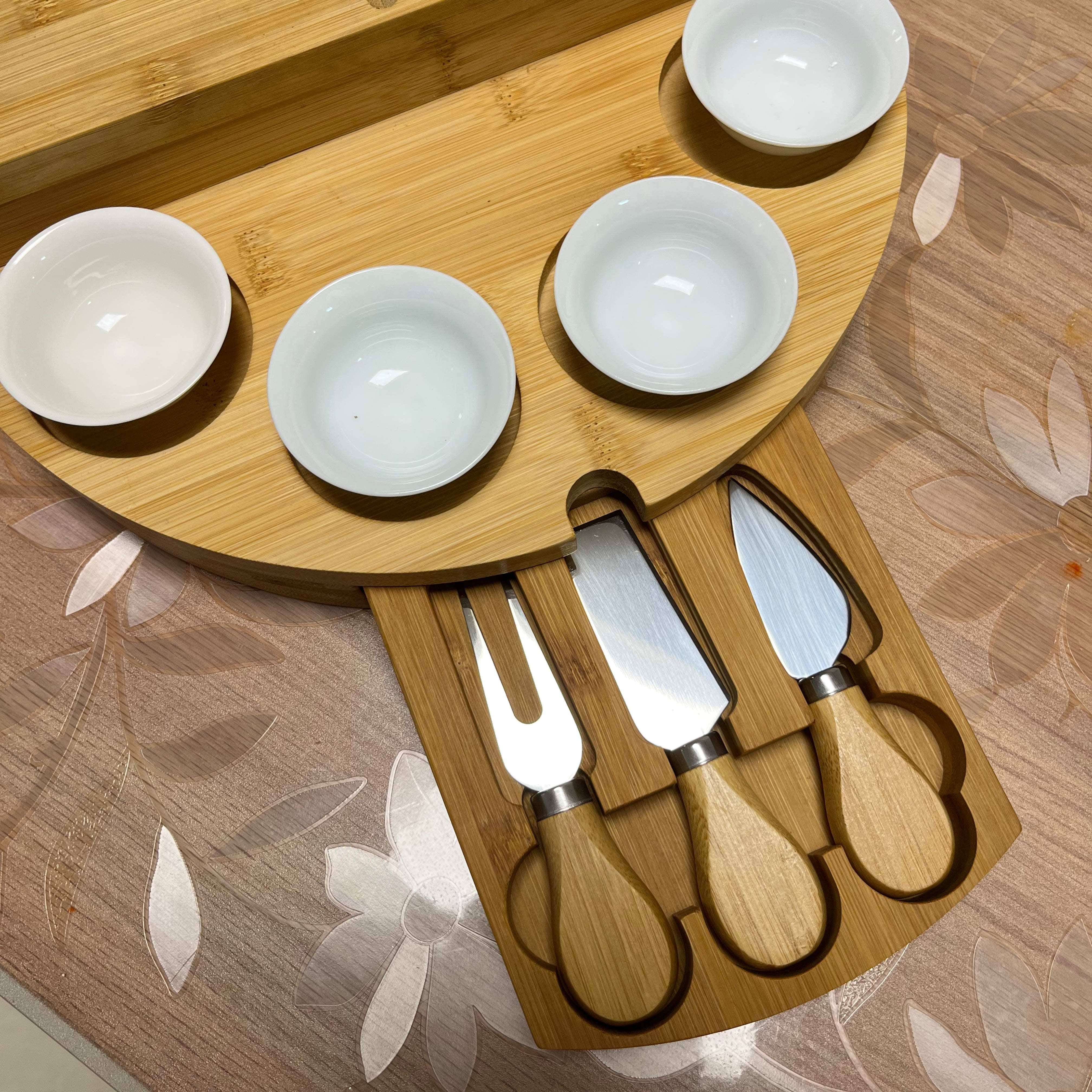 Bamboo Cheese Board Set with Slide-Out Drawer and Foldable Storage for Entertaining