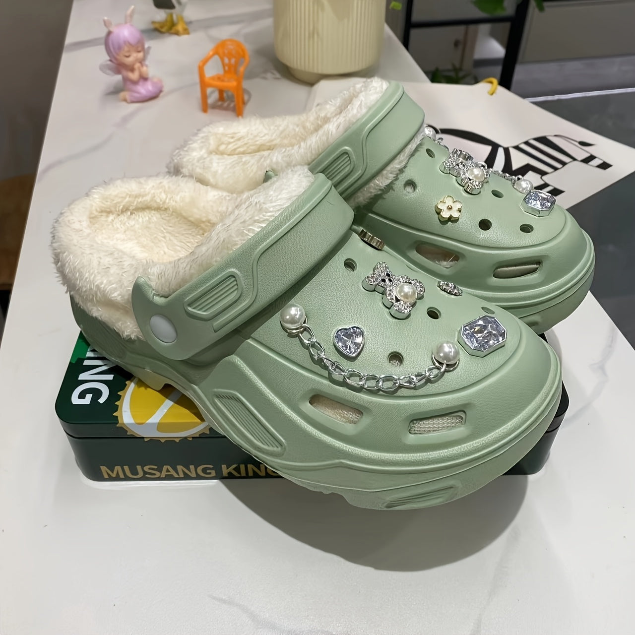 Women's Warm Plush Lined Shoes with Butterfly Heels and Bear Accessories