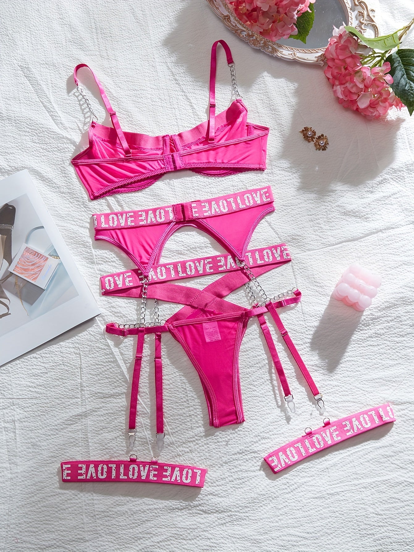 Lingerie Set with Lace Letter Print and Metal Chain for Women 2024