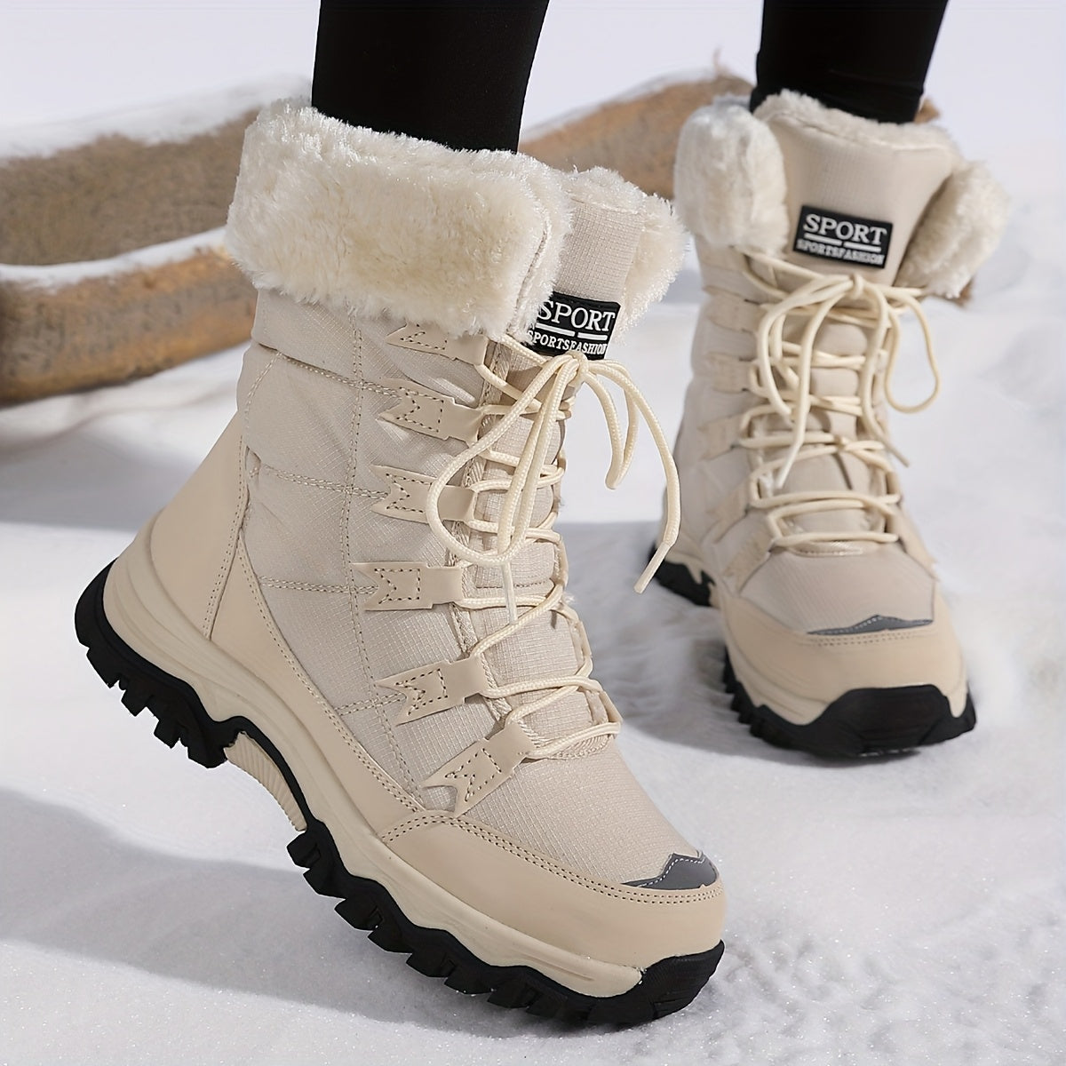 Women’s Fleece-Lined Mid-Calf Winter Boots Light Beige Outdoor Casual