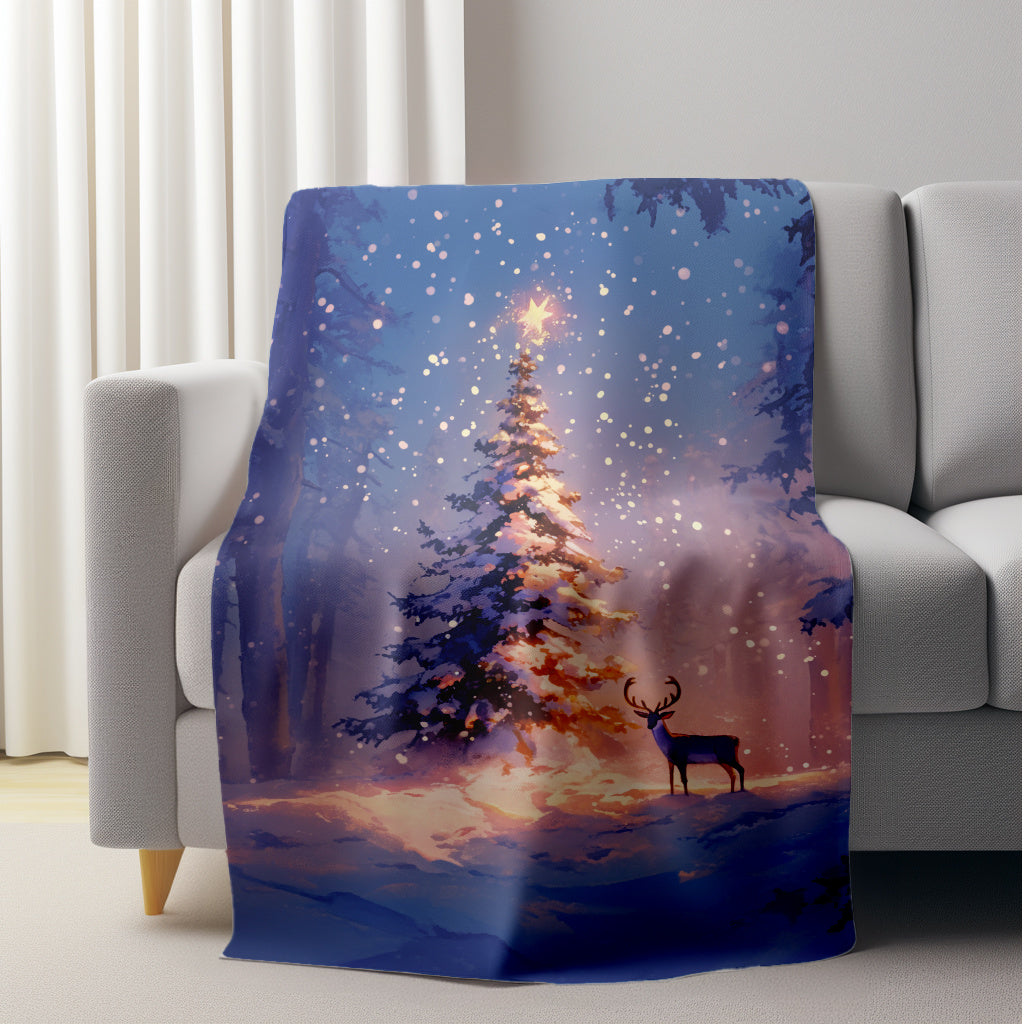 Soft Flannel Fleece Blanket with Christmas Tree and Deer Design All-Season Washable for Sofa Home Office Camping