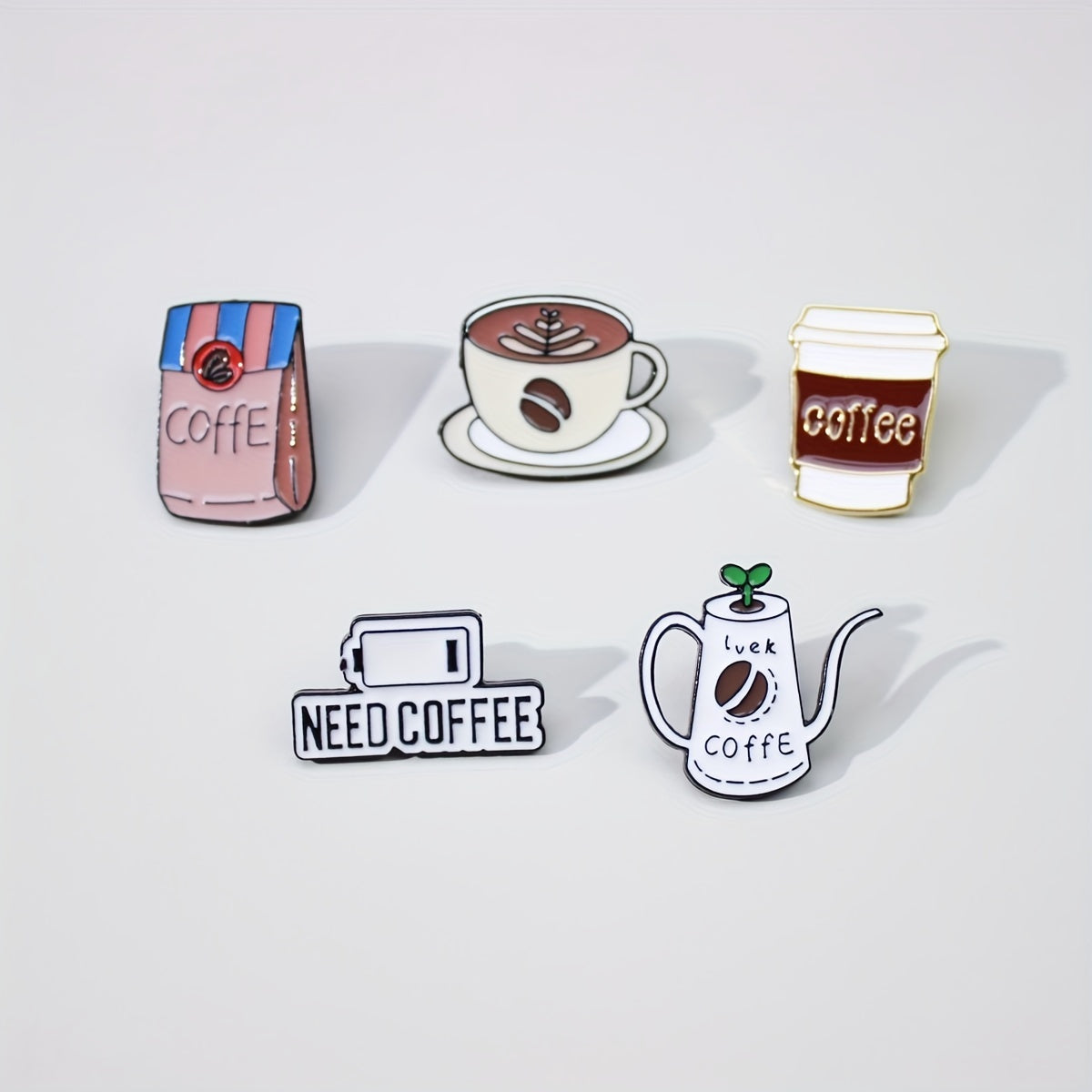 Set of 5 Cartoon Coffee Pot Brooches for Men Women Alloy Badge Accessories Jewelry Gift
