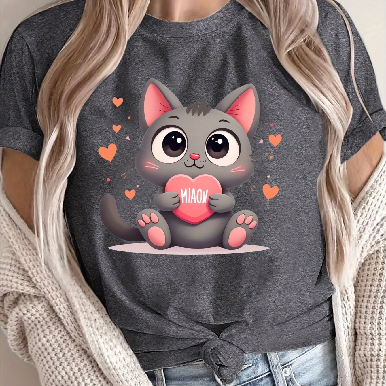 Camiseta de gran tamaño para mujer de corte holgado, algodón suave y transpirable, camiseta con gráfico de gato