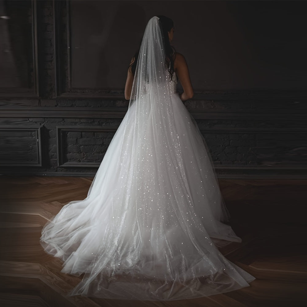 Bridal Veil with Gold Stampings Polyester for Weddings and Events