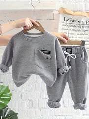Baby Boy's Waffle Texture Casual Set Includes Long Sleeve Top and Pants for Spring Fall Outdoor Wear