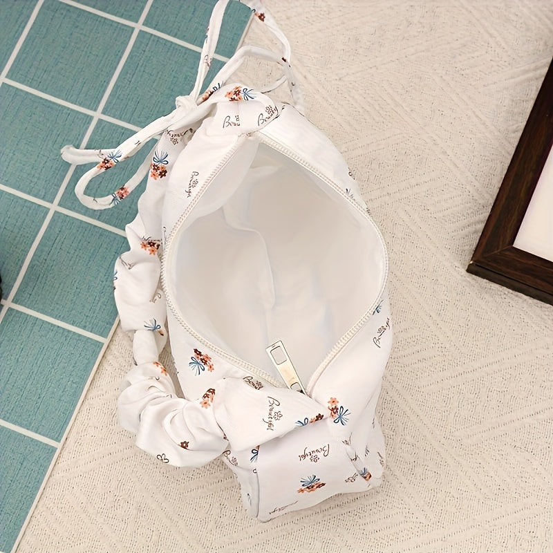 Women's Floral Nylon Shoulder Bag with Fixed Strap and Zipper Closure