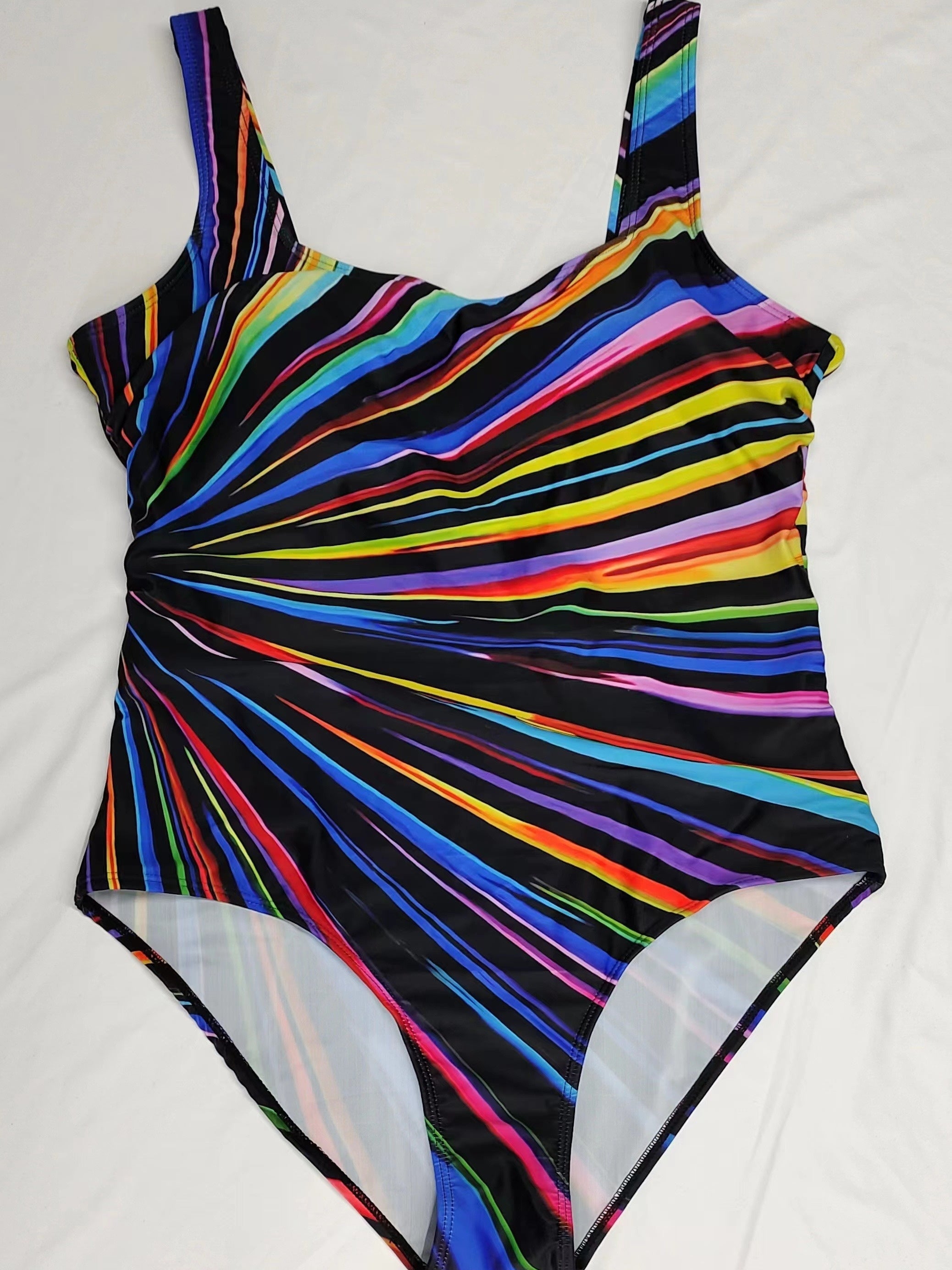 Women’s Striped One-Piece Swimsuit with Square Neck High Stretch Knit Fabric for Beach Pool