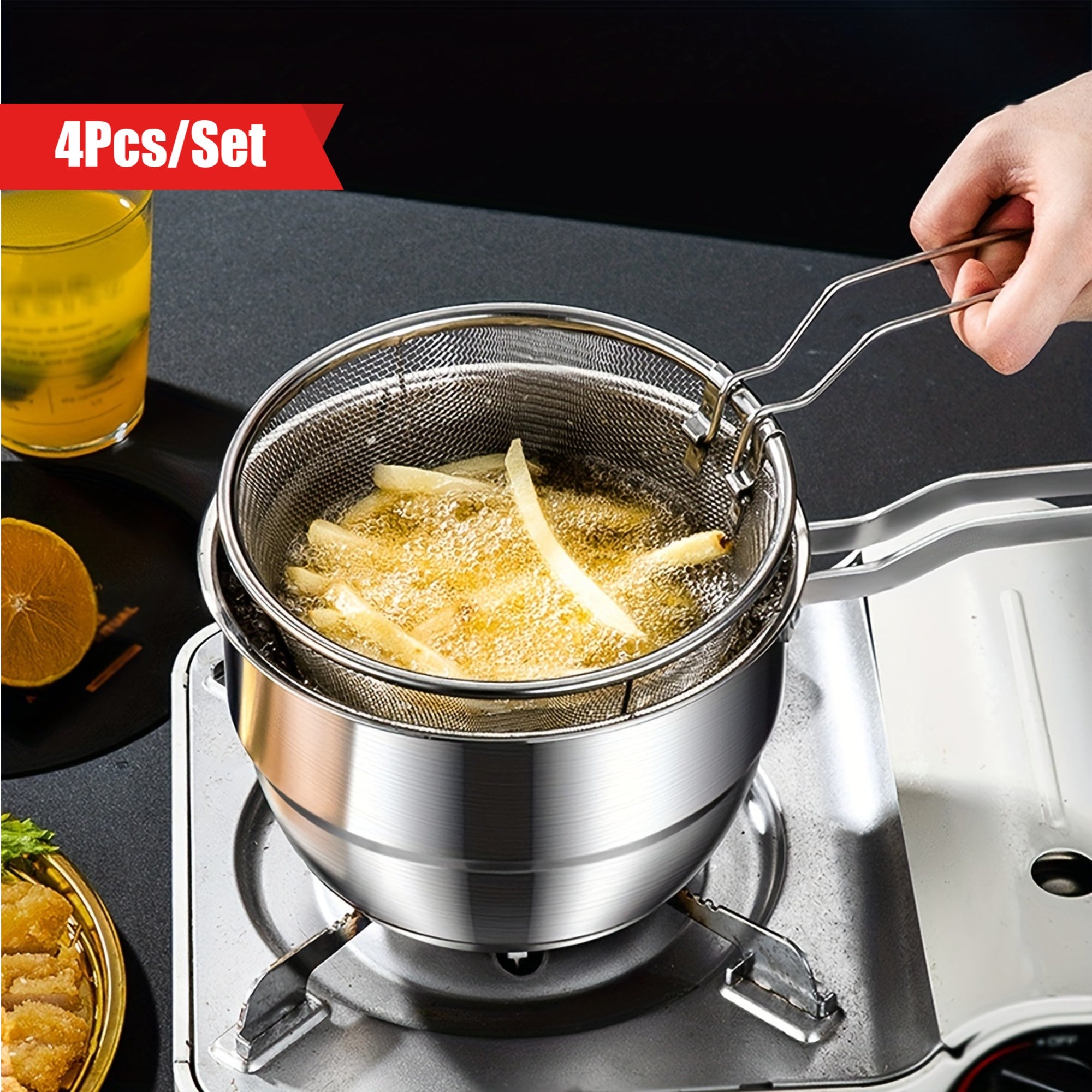 Set of 4 Stainless Steel Deep Frying Pans with Strainer Insert Cookware Set for Home Kitchen