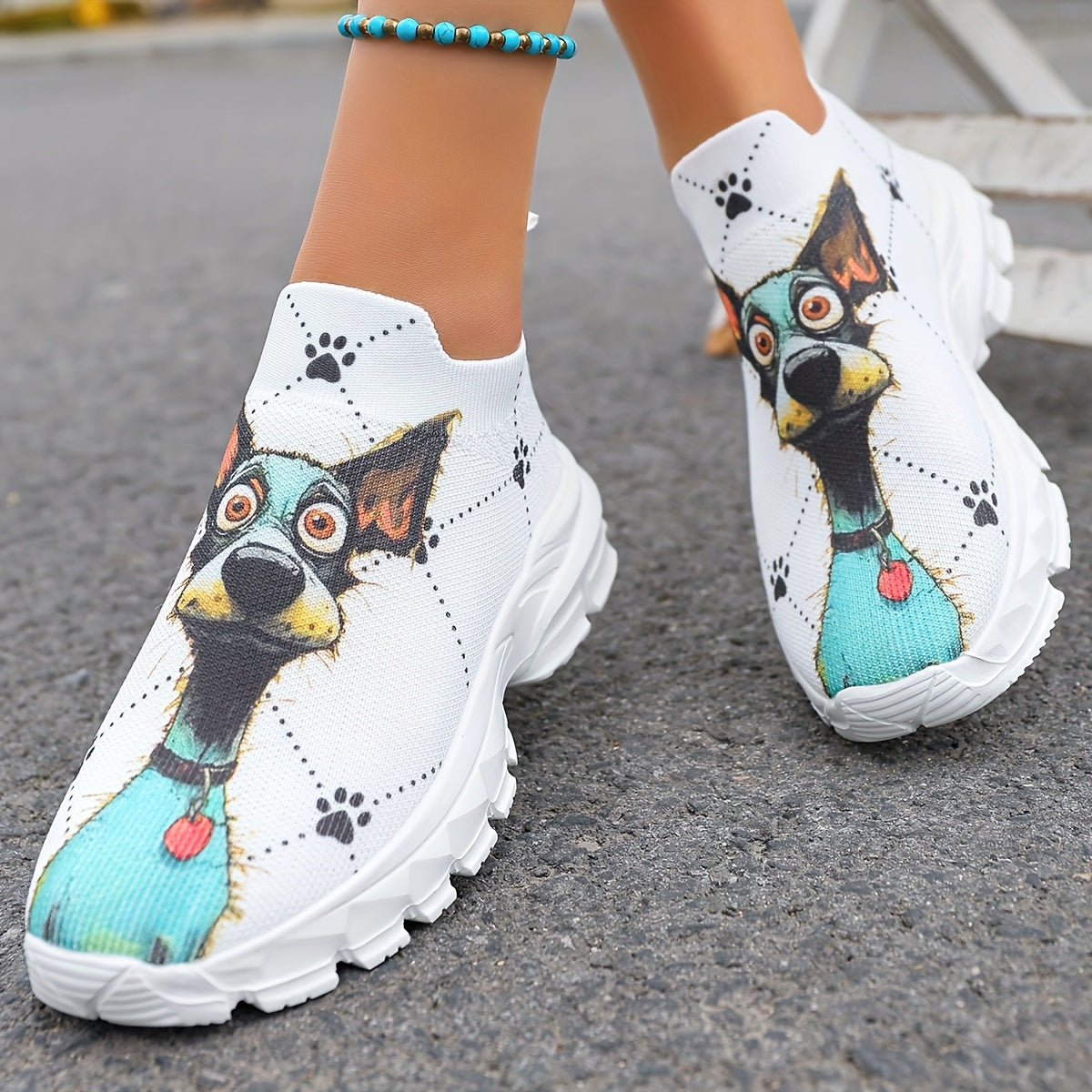 Women's Casual Sneakers with Puppy Print Lightweight Breathable Fabric