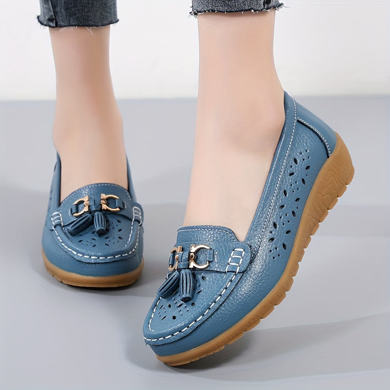 Women's Hollow Out Leather Loafers Flat Slip-On Shoes for Breathability