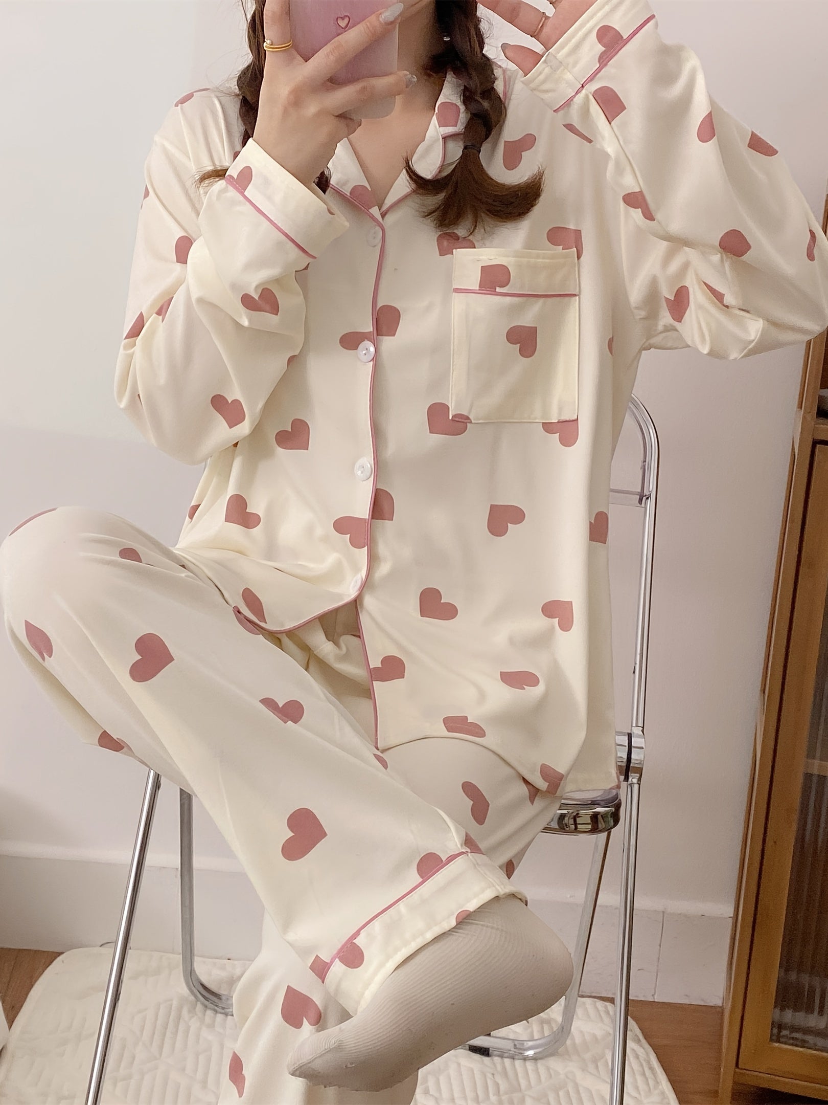 Women's Heart Pattern Pajama Set Polyester Long Sleeve Spring Fall Casual