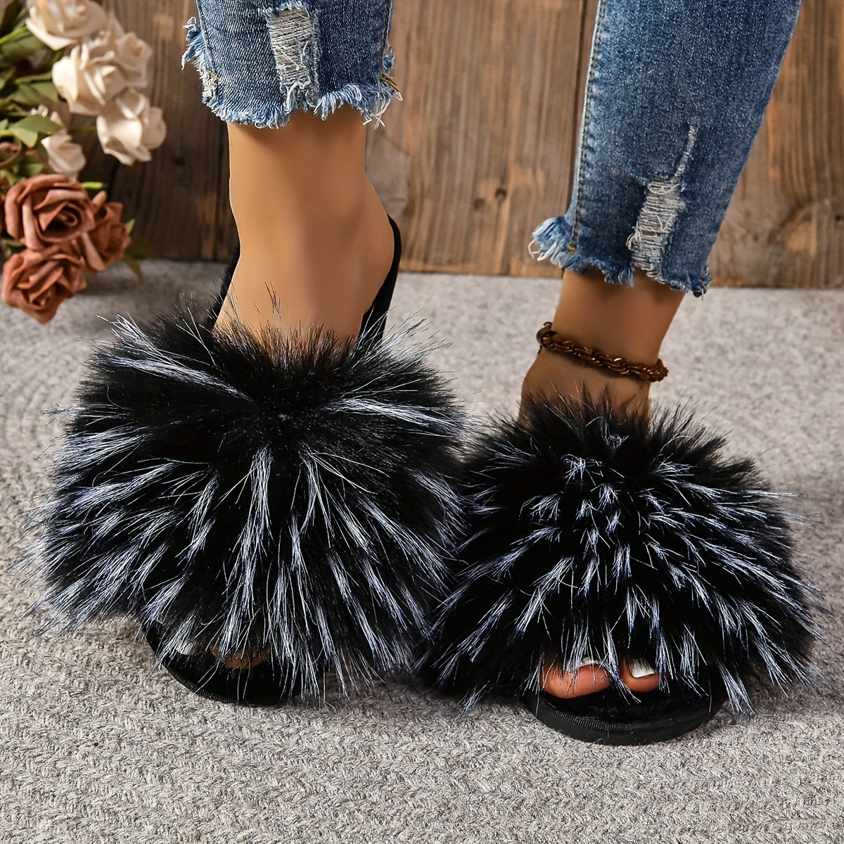Women's Faux Fur Slippers Open Toe Indoor Comfortable Slip Ons