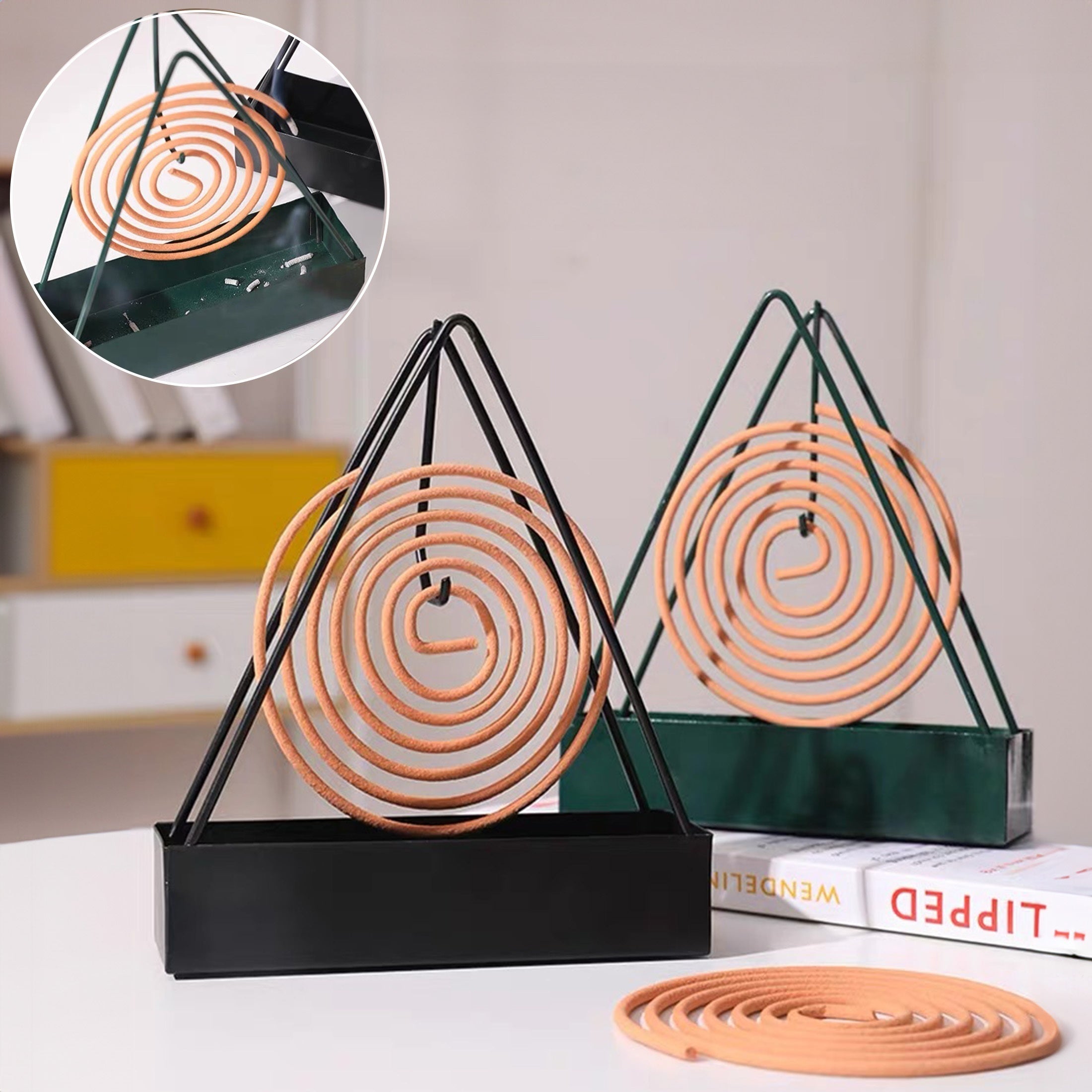 Black and Green Metal Triangle Mosquito Coil Holder with Spiral Design for Indoor and Outdoor Use