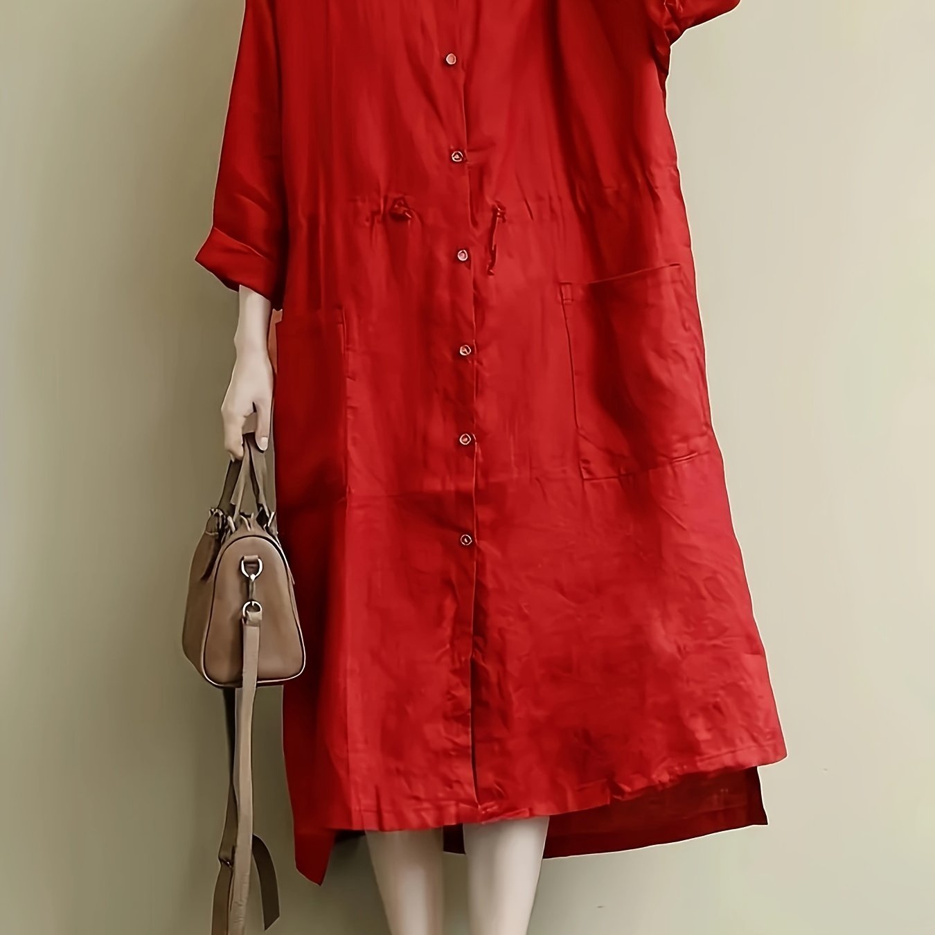Red Linen Shirt Dress Casual Loose Fit Button Detail Non-Stretch Fabric Spring Collection