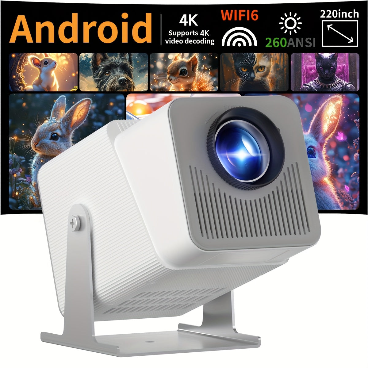 Mini Portable 4K Wi-Fi Projector with 260ANSI Brightness, 180° Rotation
