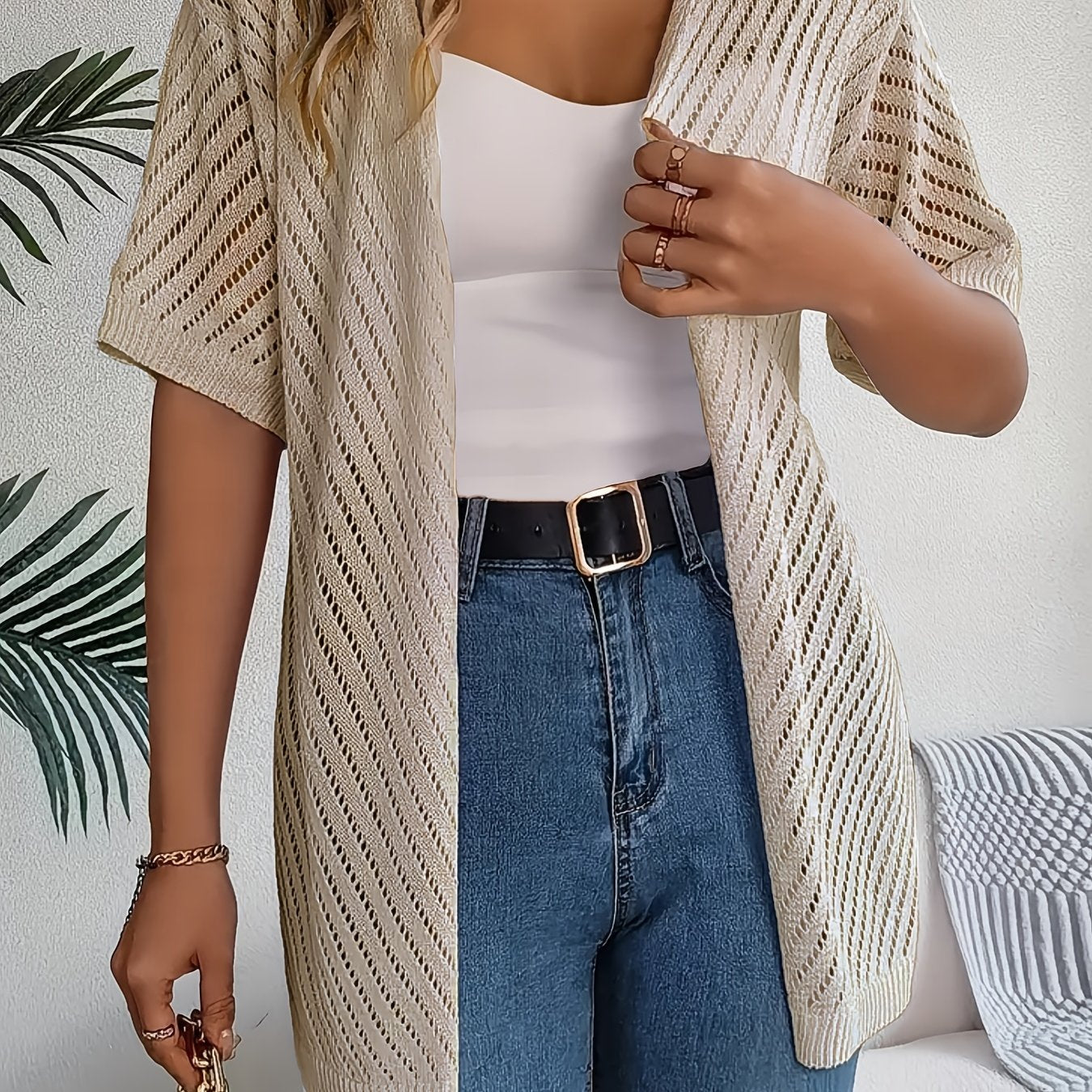 Plus Size Women's Crochet Cardigan Light Beige Open Front Short Sleeve Summer Casual