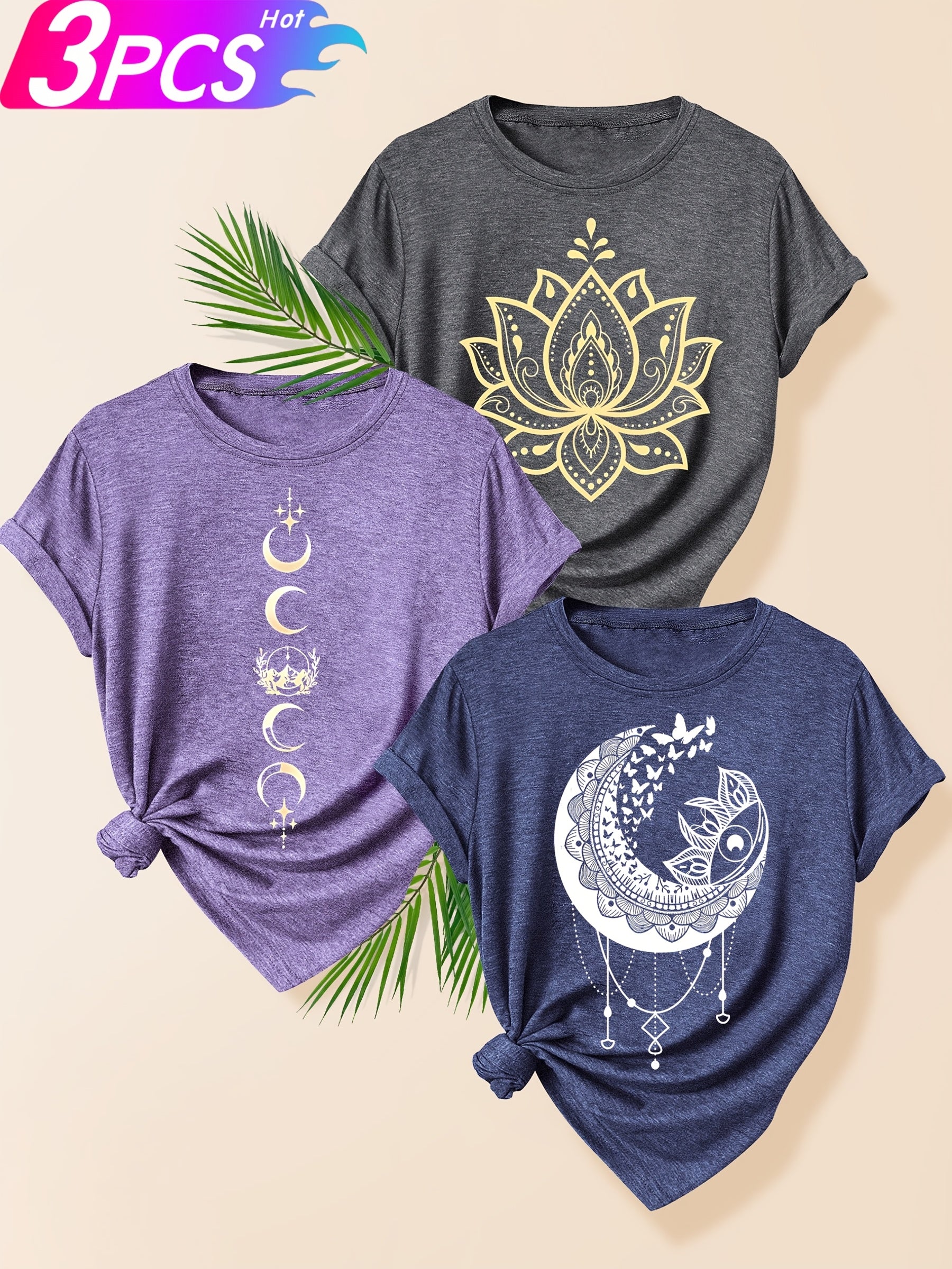 Women's Casual Sun, Star, Moon Scenery T-Shirt - Multiple Colors