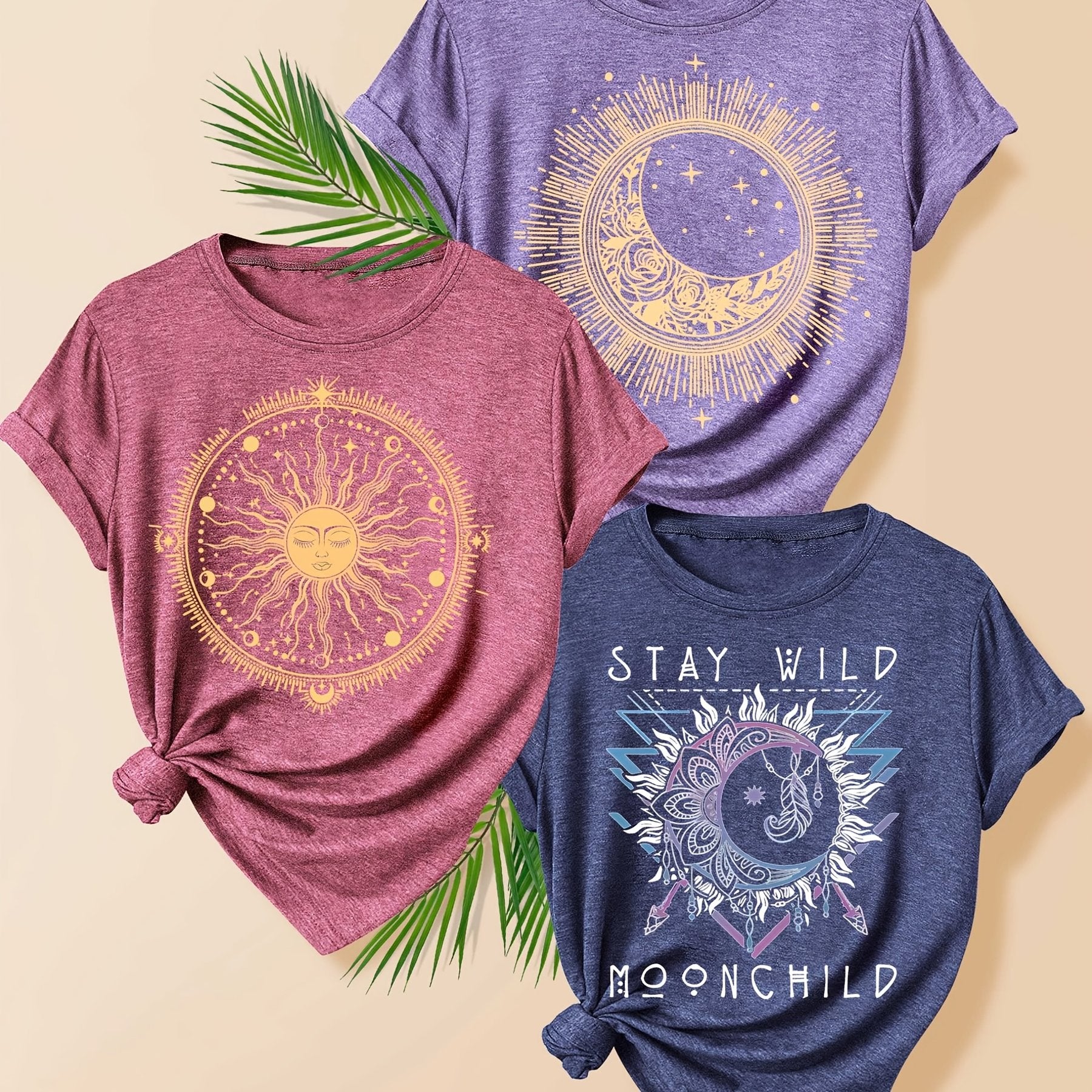 Women's 3 Pack Vintage-Inspired Sun & Moon Graphic T-Shirts Short Sleeve Polyester Blend