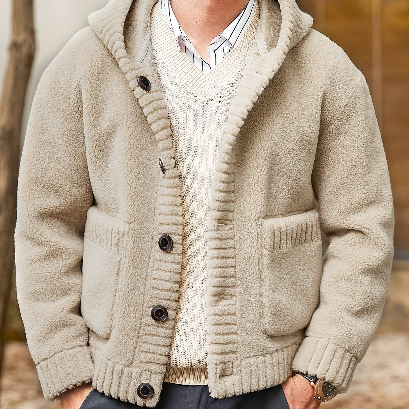 Erkaklar uchun soxta mo'yna bilan kaputli kurtka, tushirilgan yelka yenglari, shamolga chidamli va iliq, bir rangda, tugma yopilishi.