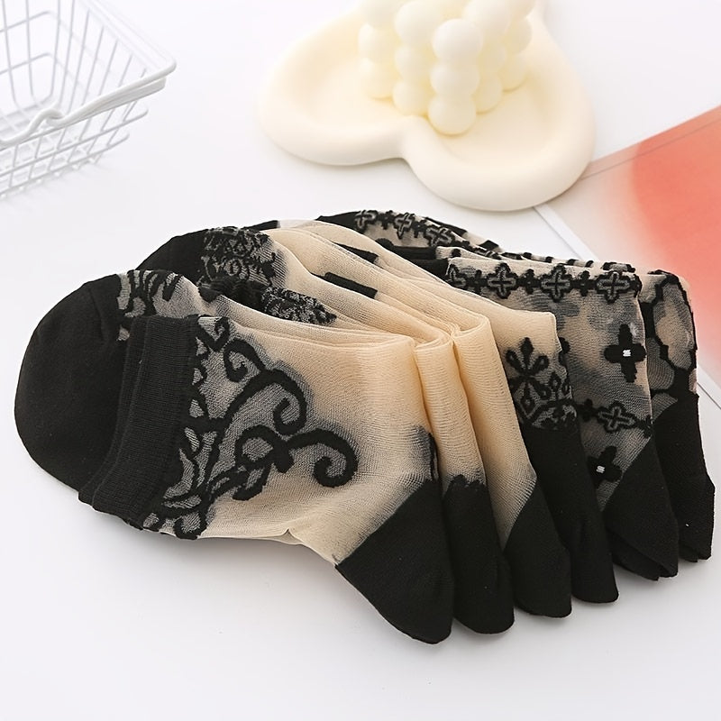 Women's Mid-Calf Crystal Socks Pack of 5 Breathable Skin-Colored Summer Socks