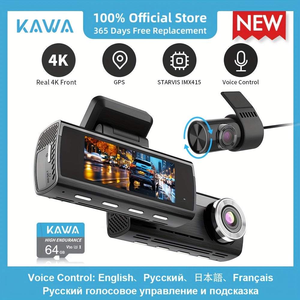 KAWA True 4K Видеорегистратор спереди и сзади с WiFi, Starvis IMX415, 64GB TF карта, GPS, голосовое управление, экран 8.03 см, ночное видение, циклическая запись, режим парковки 24 часа - D8
