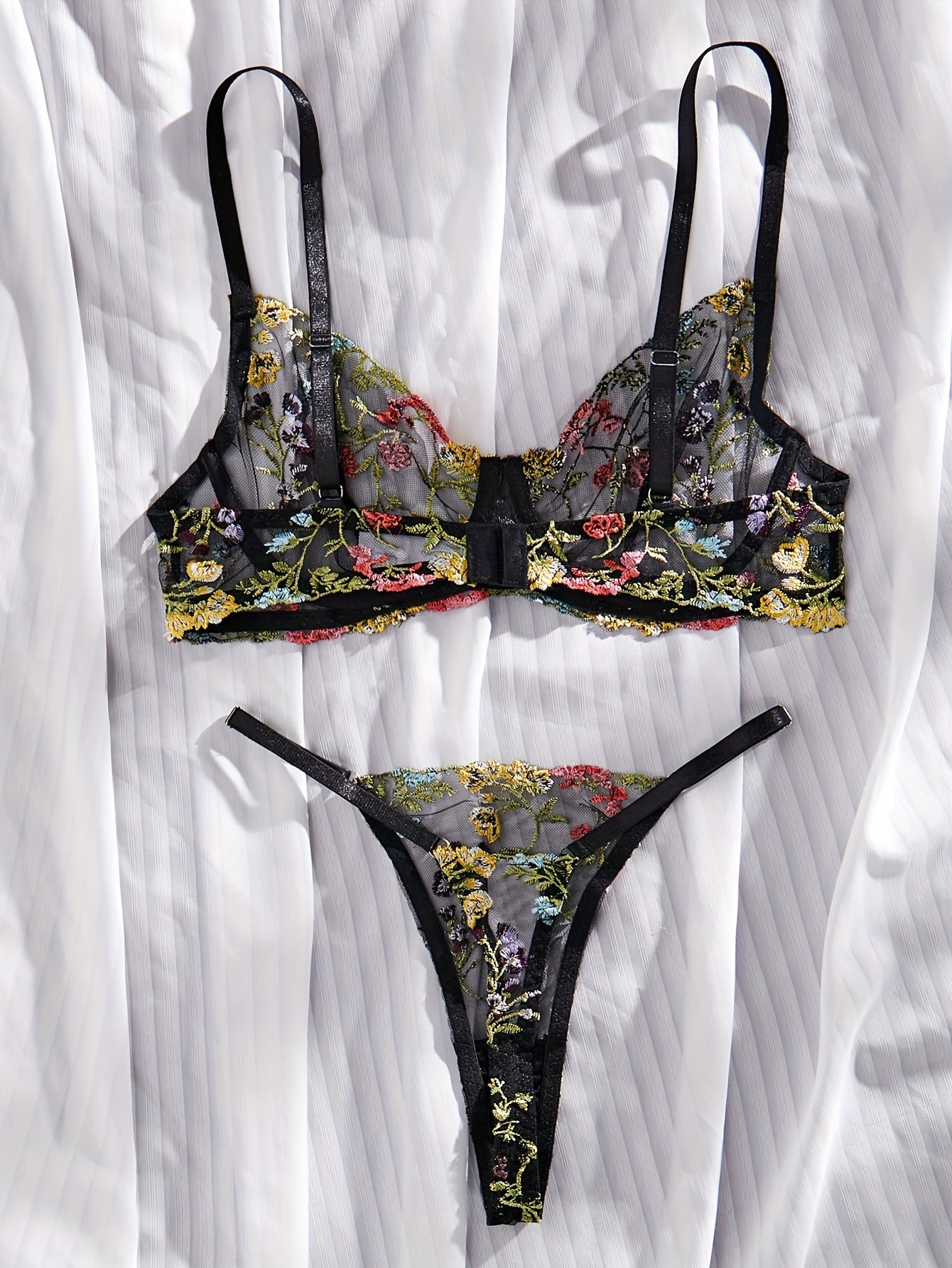 Women's Floral Embroidery Lingerie Set with Semi-Transparent Gathered Bra and Thong